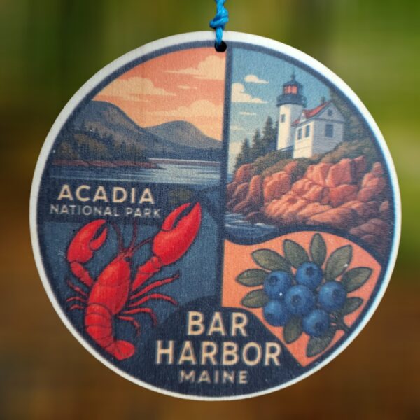 Acadia National Park Bar Harbor Maine Collage with Lighthouse, Mountain, Lobster, and Blueberries Wood Ornament