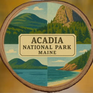 Acadia National Park Collage Woodsie Ornament featuring Sand Beach, Jordan Pond, Beehive Trail and Cadillac Mountain Bar Harbor Maine