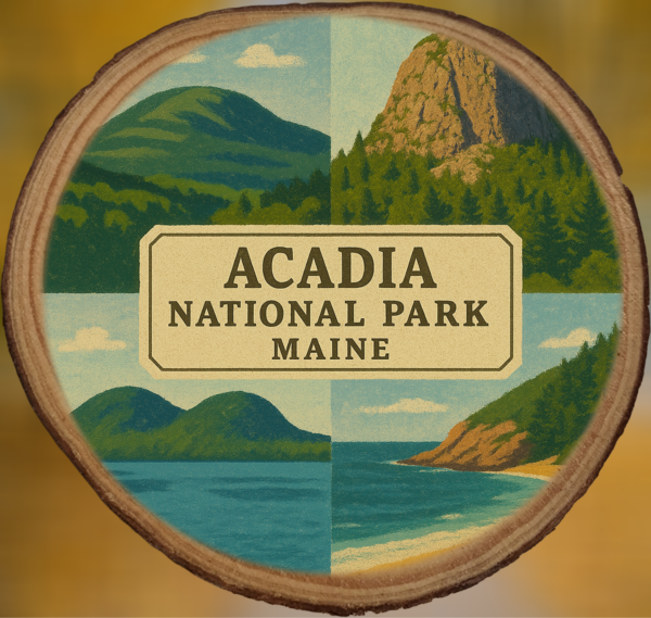Acadia National Park Collage Woodsie Ornament featuring Sand Beach, Jordan Pond, Beehive Trail and Cadillac Mountain Bar Harbor Maine