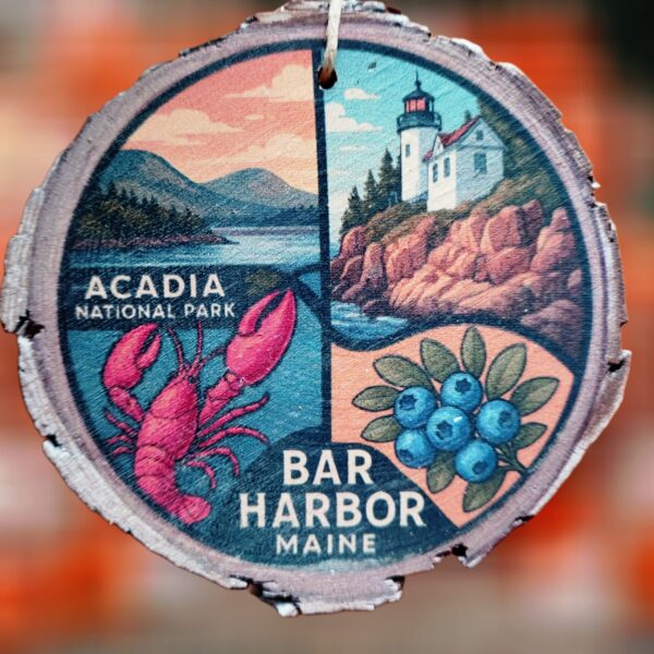 Acadia National Park Woodsie Collage with Lobster, Lighthouse, Blueberries and Mountain Ornament