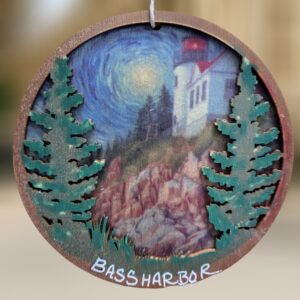 Bass Harbor Lighthouse Van Gogh Scene Layered Wood Ornament