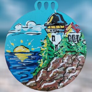 Bass Harbor Lighthouse with Red Roof and Sunshine Coastal Wood Circle Ornament