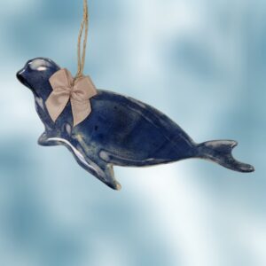 Blue Gray Seal with Bow Ceramic Ornament