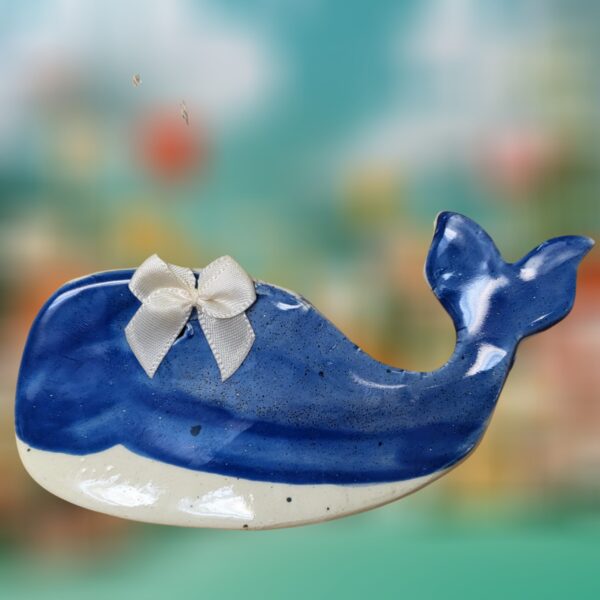 Blue Whale with White Bow Ceramic Ornament