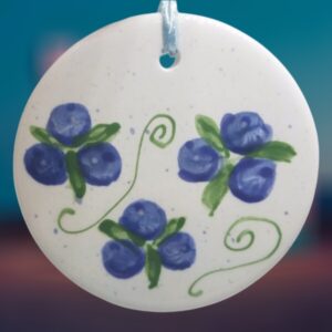 Blueberries Handpainted on White Circle Ceramic Ornament