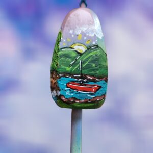 Boat in Lake on Pale Background 4 Sided Lobster Wood Buoy Ornament