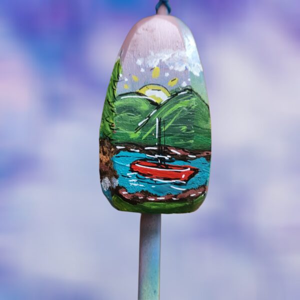 Boat in Lake on Pale Background 4 Sided Lobster Wood Buoy Ornament