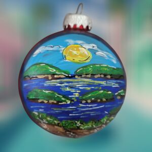 Cadillac Mountain Blue Sky with Sunshine Painted Glass Acadia Ornament
