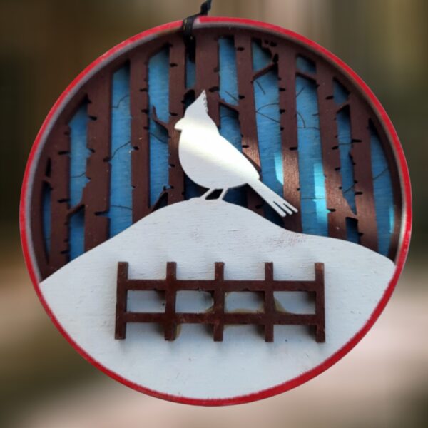 Cardinal on Snow with Blue Background Layered Wood Ornament