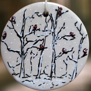 Cardinals Winter Birch Scene on Ceramic Flat Circle Ornament