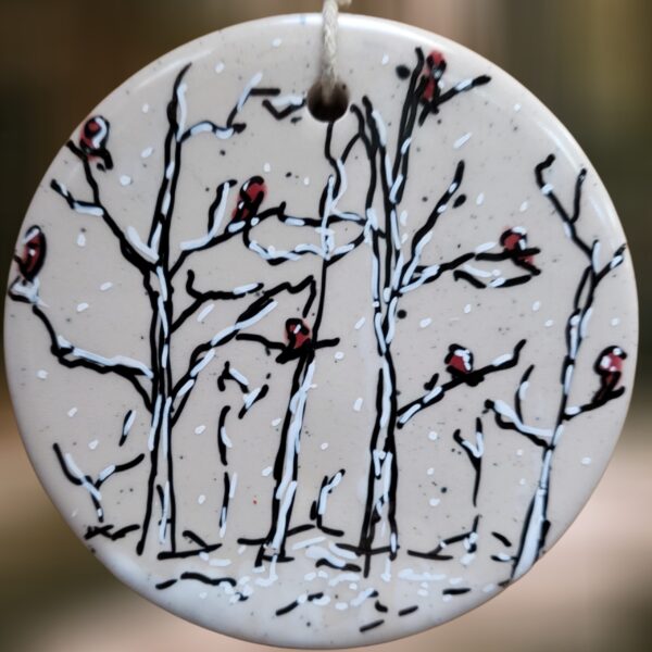 Cardinals Winter Birch Scene on Ceramic Flat Circle Ornament