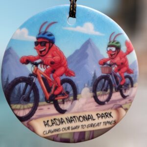 Clawing Our Way To Great Times Lobster Bike Riding Couple Acadia National Park Woodsie Ornament