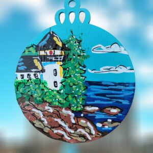 Coastal Lighthouse with Black Roof Hand Painted Wood Circle Ornament