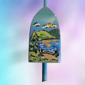 Coastal Mountain Ocean Scene on Blue Background 4 Sided Wood Lobster Buoy Ornament