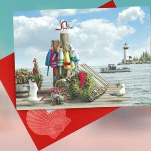 Dockside Lighthouse with Lobster Trap and Buoys Christmas Cards