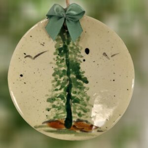 Evergreen Tree Forest Layer Ceramic Ball Ornament with Green Bow
