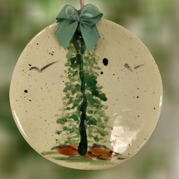 Evergreen Tree Forest Layer Ceramic Ball Ornament with Green Bow