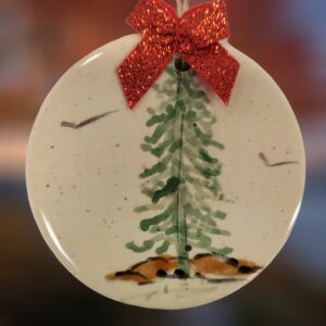 Evergreen Tree with Red Bow on Ceramic Circle Ornament