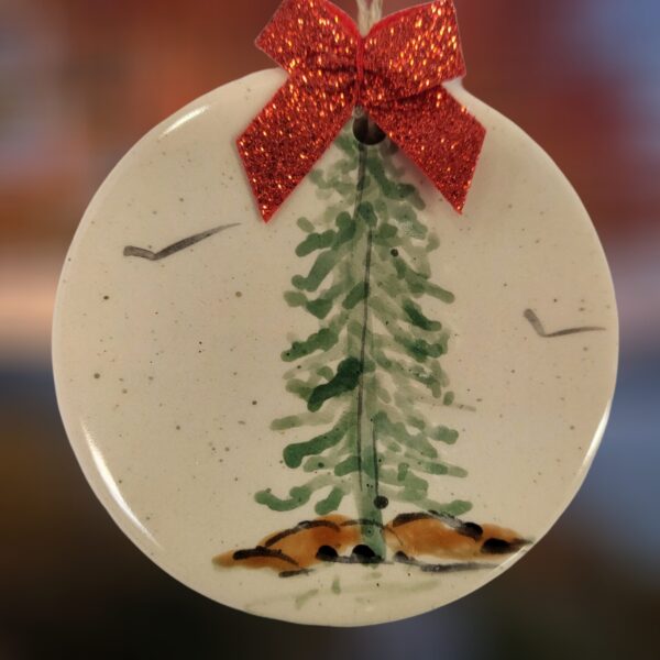 Evergreen Tree with Red Bow on Ceramic Circle Ornament
