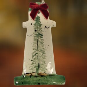Evergreen Tree with Red Bow on Lighthouse Ceramic Ornament