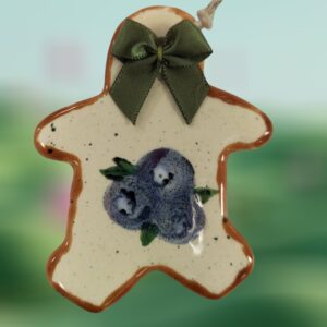 Gingerbread Blueberries Ceramic Ornament with Green Bow