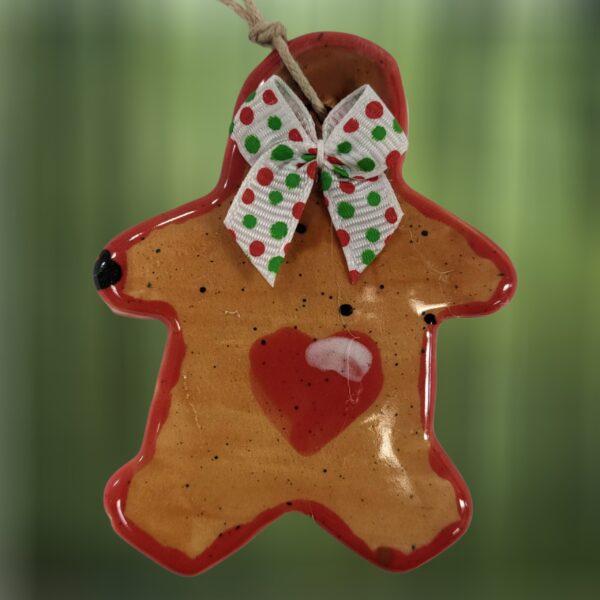 Gingerbread Man with Heart and Christmas Bow Ceramic Ornament