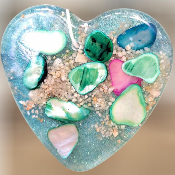 Aqua Green Blue Pink Abalone Shells and Sand Tropical Crushed Shell Heart of the Sea Ornament