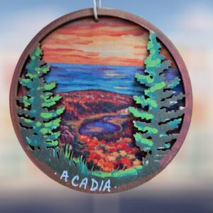 Hiking Scene with Mountains and Ocean Layered Wood Ornament