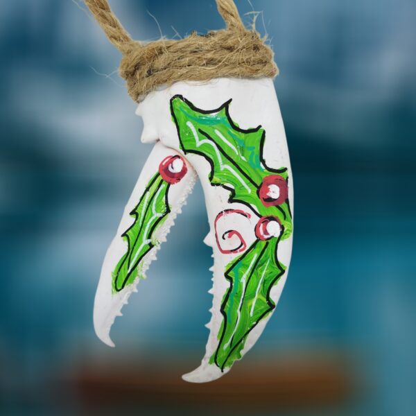 Holly on White Painted Lobster Claw Ornament
