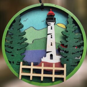 Lighthouse on Colorful Mountain Background Wood Layered Ornament