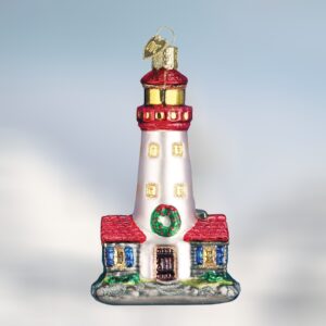 Lighthouse with Houses Old World Christmas Blown Glass Ornament