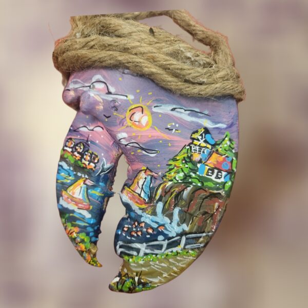Lighthouse with Puffins and Sailboats on Purple Pinkish Sunset Lobster Claw Ornament