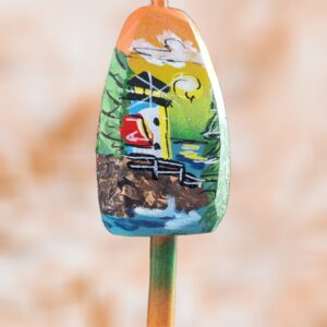 Lighthouse with Red Roof on Coastline with Yellow Background on 4 sided Wood Lobster Buoy Ornament
