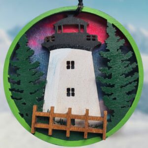 Lighthouse with Trees and Pink Sunset Wood Layered Ornament