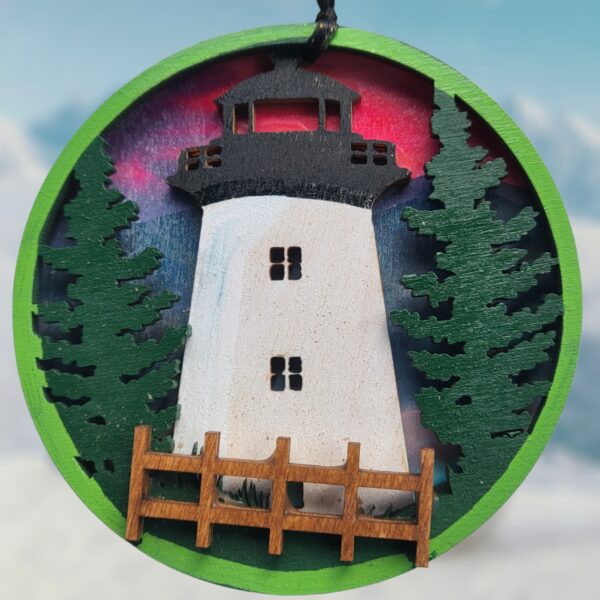Lighthouse with Trees and Pink Sunset Wood Layered Ornament