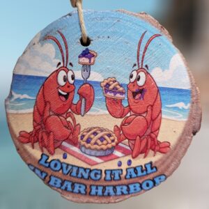 Lobster Couple Eating Blueberry Pie and Loving it All in Bar Harbor Woodsie Ornament