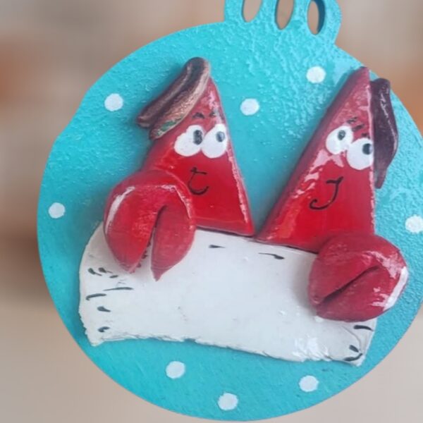 Lobster Couple with Driftwood Polymer Clay Blue Wood Ornament