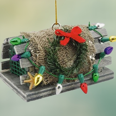 Lobster Trap with Lights and Wreath Wood Ornament Lobster Trap with Lights and Wreath Wood Ornament