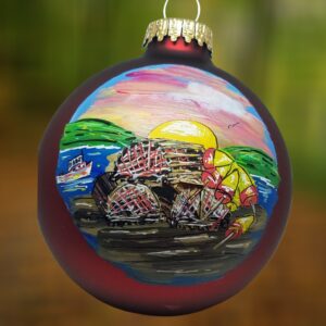 Lobster Traps on Dock with Sunset Handpainted Glass Ornament