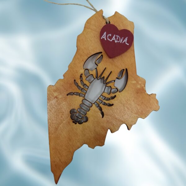 Lobster with Heart on Maine State Golden Wood Ornament
