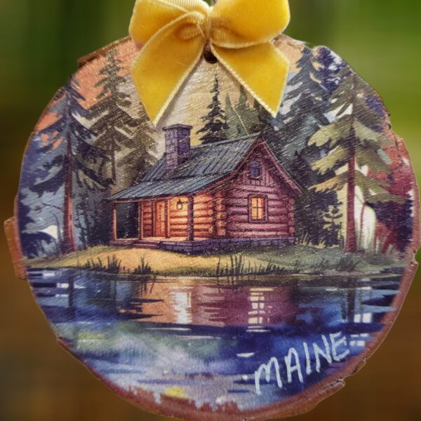 Log Cabin on Lake at Dusk Woodsie Ornament Log Cabin on Lake at Dusk Woodsie Ornament