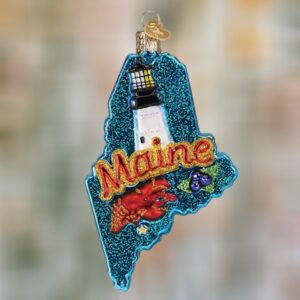 Maine State with Lighthouse Lobster and Blueberries Old World Christmas Blown Glass Ornament