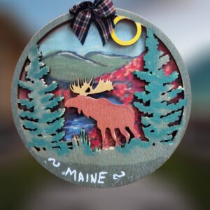 Moose on Autum Mountain Scene Layered Wood Ornament