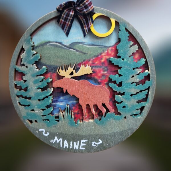 Moose on Autum Mountain Scene Layered Wood Ornament