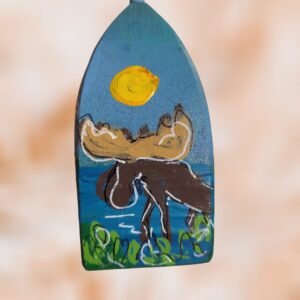 Moose on Blue Background 4 Sided Wood Lobster Buoy Ornament