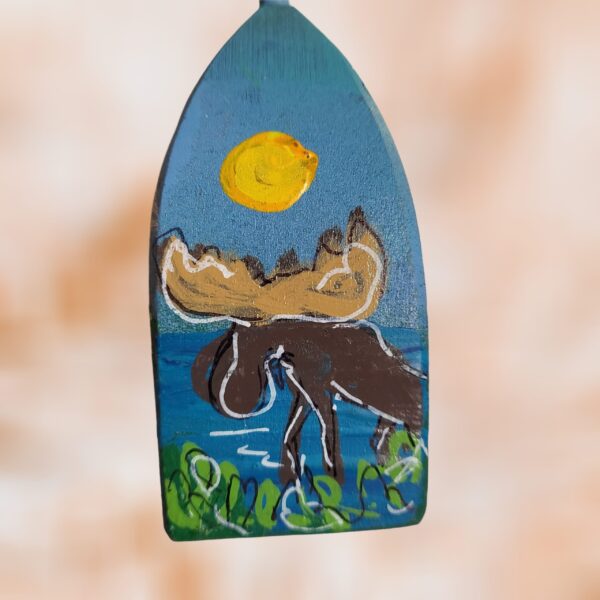 Moose on Blue Background 4 Sided Wood Lobster Buoy Ornament