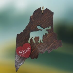 Moose on Maine State with Heart Dark Wood Ornament