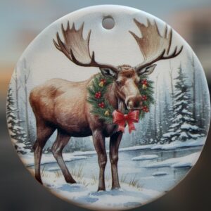Moose with Christmas Wreath Ceramic Ornament