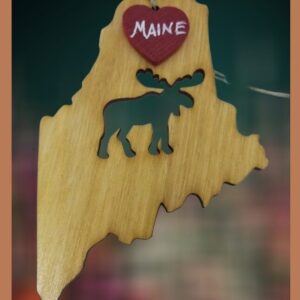 Moose with Heart on Maine State Wood Ornament