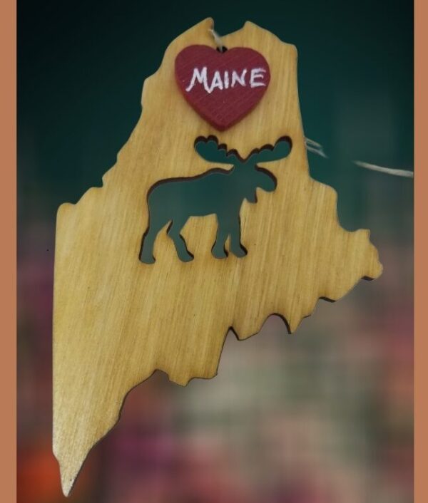 Moose with Heart on Maine State Wood Ornament